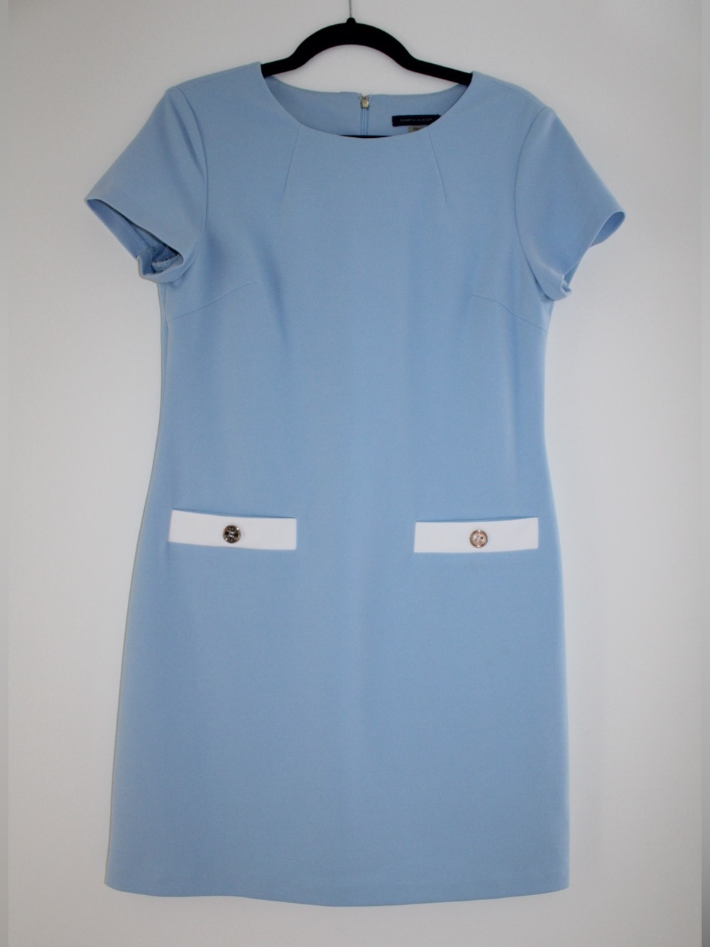 Tommy Hilfiger Light Blue Short Sleeve Shift Dress with White Pocket Trim